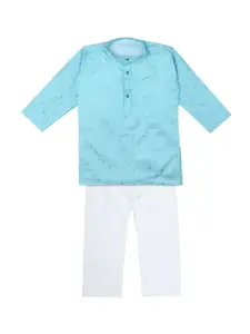 Superminis Boys Turquoise Blue & White  Zari Work Pure Cotton Kurta with Pyjamas