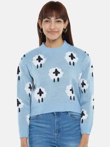 People Women Blue & White Printed Pullover