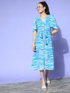 plusS White & Turquoise Blue Striped A-Line Midi Dress