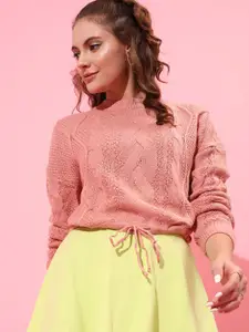 STREET 9 Women Peach-Coloured Acrylic Cable Knit Crop Pullover