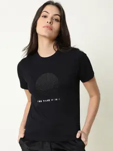 RAREISM Women Printed Round Neck Slim Fit Cotton T-shirt