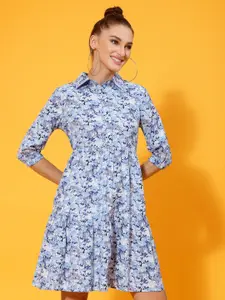 KASSUALLY Women Blue & White Floral Printed Shirt Tiered Dress