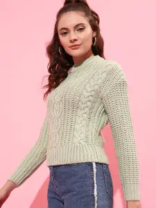STREET 9 Women Green Acrylic Cable Knit Pullover Sweater