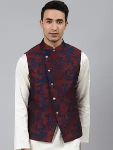 MANQ Men Woven-Design Jaquard Silk Nehru Jacket