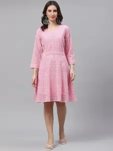 ZOLA Women Pink Pure Georgette Chikankari A-line Ethnic Dress With Belt