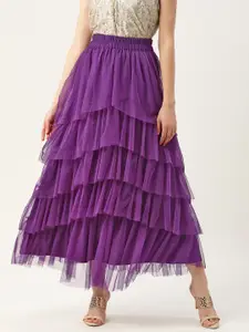 Antheaa Women Purple Solid Net Layered Skirt