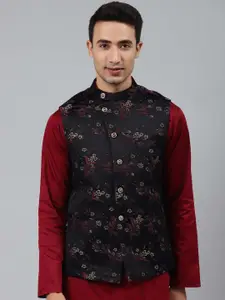 MANQ Men Woven Design Jaquard Silk Nehru Jacket