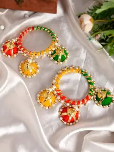 Shoshaa Set Of 2 Yellow & Red Pearls Studded Bangle Set