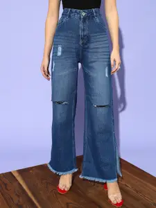 STREET 9 Women Blue Flared High-Rise Low Distress Light Fade Jeans