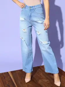 STREET 9 Women Blue Flared High-Rise Highly Distressed Heavy Fade Jeans