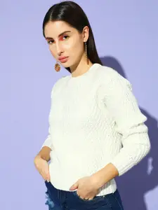 STREET 9 Women White Cable Knit Acrylic Pullover Sweater