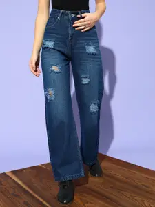 STREET 9 Women Blue Flared High-Rise Highly Distressed Light Fade Jeans