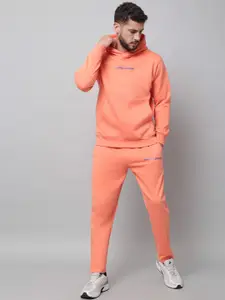 GRIFFEL Men Peach-Coloured Solid Hooded Tracksuits