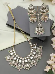 ANIKAS CREATION Gold-Plated Sea Green Kundan  Stone-Studded Choker Necklace Set