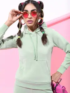 Tokyo Talkies Women Sea Green Hooded Sweatshirt