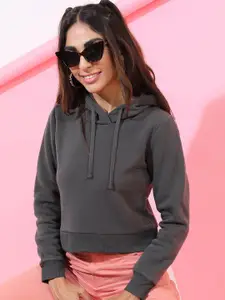 Tokyo Talkies Women Charcoal Hooded Sweatshirt