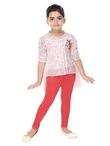 Nottie Planet Girls White & Red Printed Top with Leggings