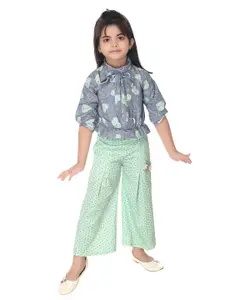 Nottie Planet Girls Grey & Sea Green Printed Top with Palazzos