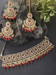 Peora Gold-Plated & Maroon Kundan Studded Necklace Set