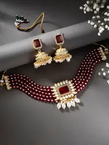 Peora Maroon Gold-Plated Kundan Pearl Studded Choker Necklace Jewellery Set