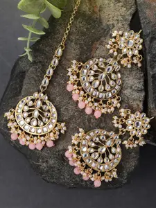 Peora Traditional Jewellery 18K Gold-Plated Kundan & Pearl Studded Maang Tikka Earring Set