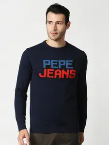 Pepe Jeans Men Blue & Red Typography Printed Cotton Pullover