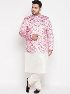 VASTRAMAY PLUS Men Plus Size Cream-Coloured Kurta with Churidar & Jacket