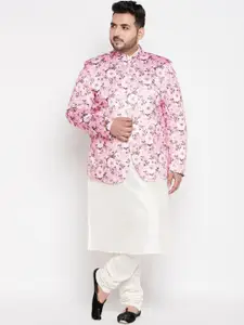VASTRAMAY Men Plus Size Cream-Coloured Kurta with Churidar & Jacket