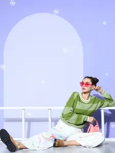 Berrylush Women Green Striped Knits Bits Sweater