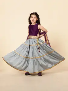 A.T.U.N. A T U N Girls Purple & Grey Embellished Ready to Wear Lehenga & Blouse With Dupatta
