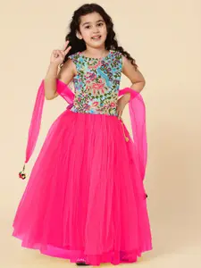 A.T.U.N. A T U N Girls Fuchsia & Blue Embroidered Thread Work Ready to Wear Lehenga Set