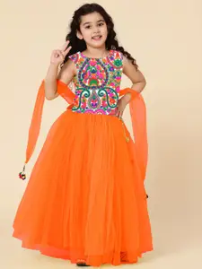 A.T.U.N. A T U N Girls Orange & Green Embroidered Ready to Wear Lehenga Choli