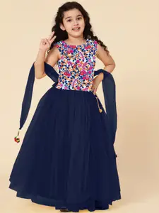A.T.U.N. A T U N Girls Navy Blue & White Embroidered Ready to Wear Lehenga & Blouse With Dupatta