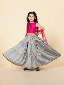 A.T.U.N. A T U N Girls Fuchsia & Grey Embroidered Ready to Wear Lehenga & Blouse With Dupatta Set