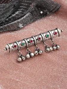 PANASH Oxidised Silver-Toned & Red Stone-Studded Adjustable Finger Ring
