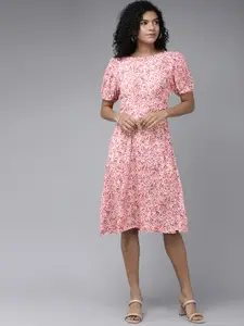 U.S. Polo Assn. Women U S Polo Assn Round Neck Cuffed Sleeves Floral Crepe Smocked Empire Dress
