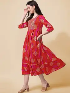 KALINI Ethnic Motifs Printed Cotton A-Line Ethnic Dress
