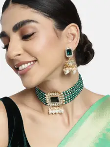 Peora Green & White Kundan & Beaded Choker Necklace With Earring
