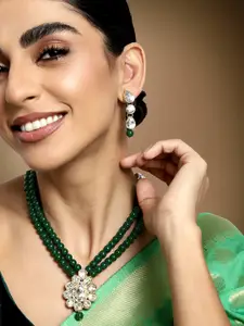 Peora Green & White Kundan & Beaded Necklace With Earrings