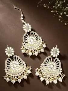 Peora White Gold Plated Kundan Faux Pearl Studded Earrings & Maang Tikka Jewellery Set