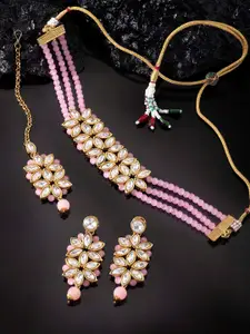 Peora Gold-Plated & Pink Kundan Studded Beaded Choker Necklace with Earring & Maang Tikka
