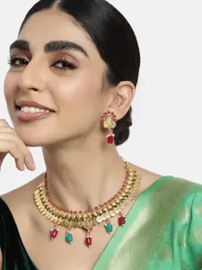 Peora Traditional Red & Green Gold Plated Jadau Goddess Laxmi Necklace Jewellery Set