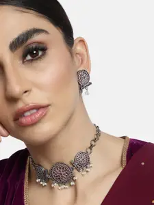 Peora Magenta Silver Oxidised Jadau Choker Artifical Stones & Beads Necklace Jewellery Set