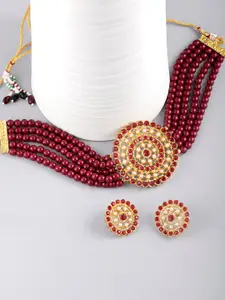 Peora Maroon Gold-Plated Kundan Faux Pearl Studded Choker Necklace Jewellery Set