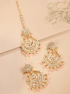 Peora Pink & White Gold-Plated Kundan Beads Studded Earrings & Maang Tikka Jewellery Set