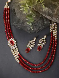 Peora Women Maroon Gold-Plated Kundan Studded Necklace & Earrings