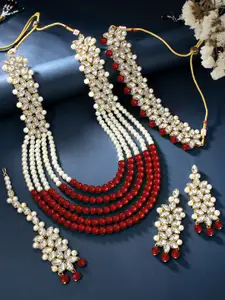 Peora Maroon & White Gold Plated Artificial Stones & Beads Jadau Necklace Jewellery Set