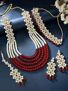 Peora Maroon & White Gold Plated Artificial Stones & Beads Jadau Necklace Jewellery Set