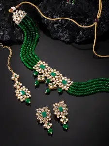 Peora Green & White Gold-Plated Beaded & Studded Choker Necklace With Earrings