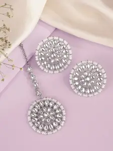 Peora White Silver-Plated Kundan Faux Pearl Studded Earrings & Maang Tikka Jewellery Set
